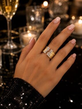 Golden Pave Cascade Open Cuff Ring